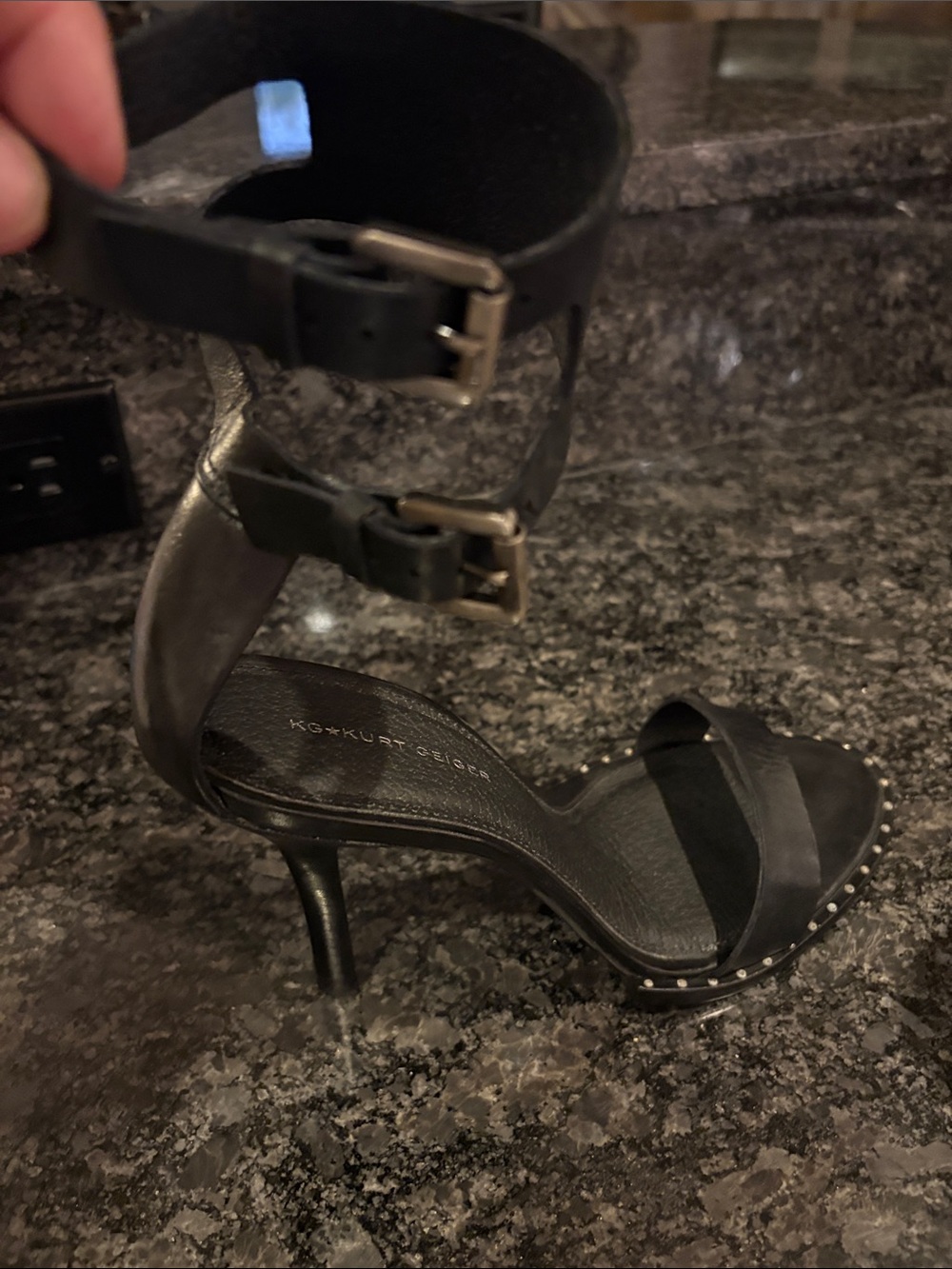 Never worn! Black Double-Ankle Buckle Stiletto Sandals with Stud Trim